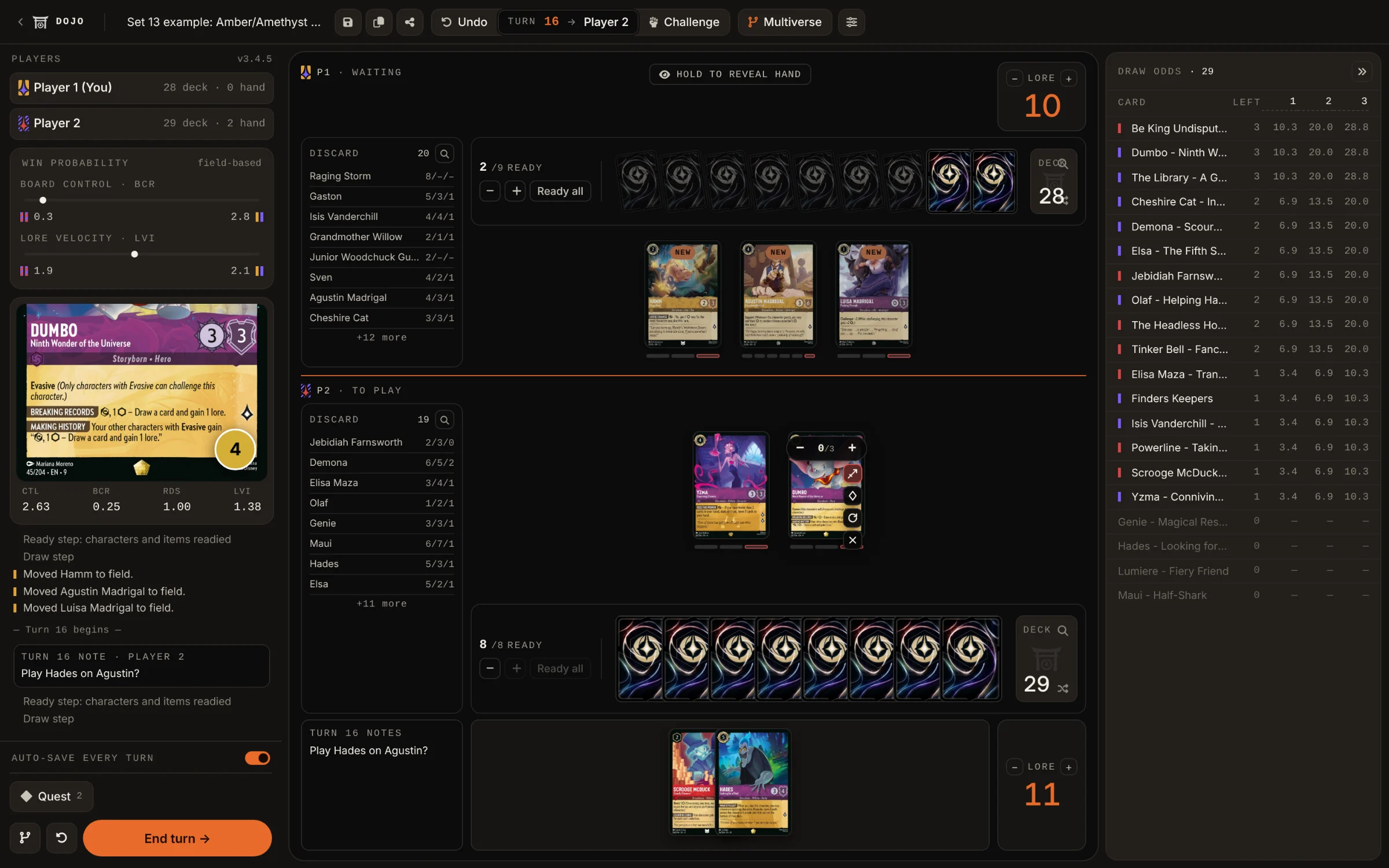 The same match in the Kiln night theme: warm black chassis, the board in the well, lore numerals in orange