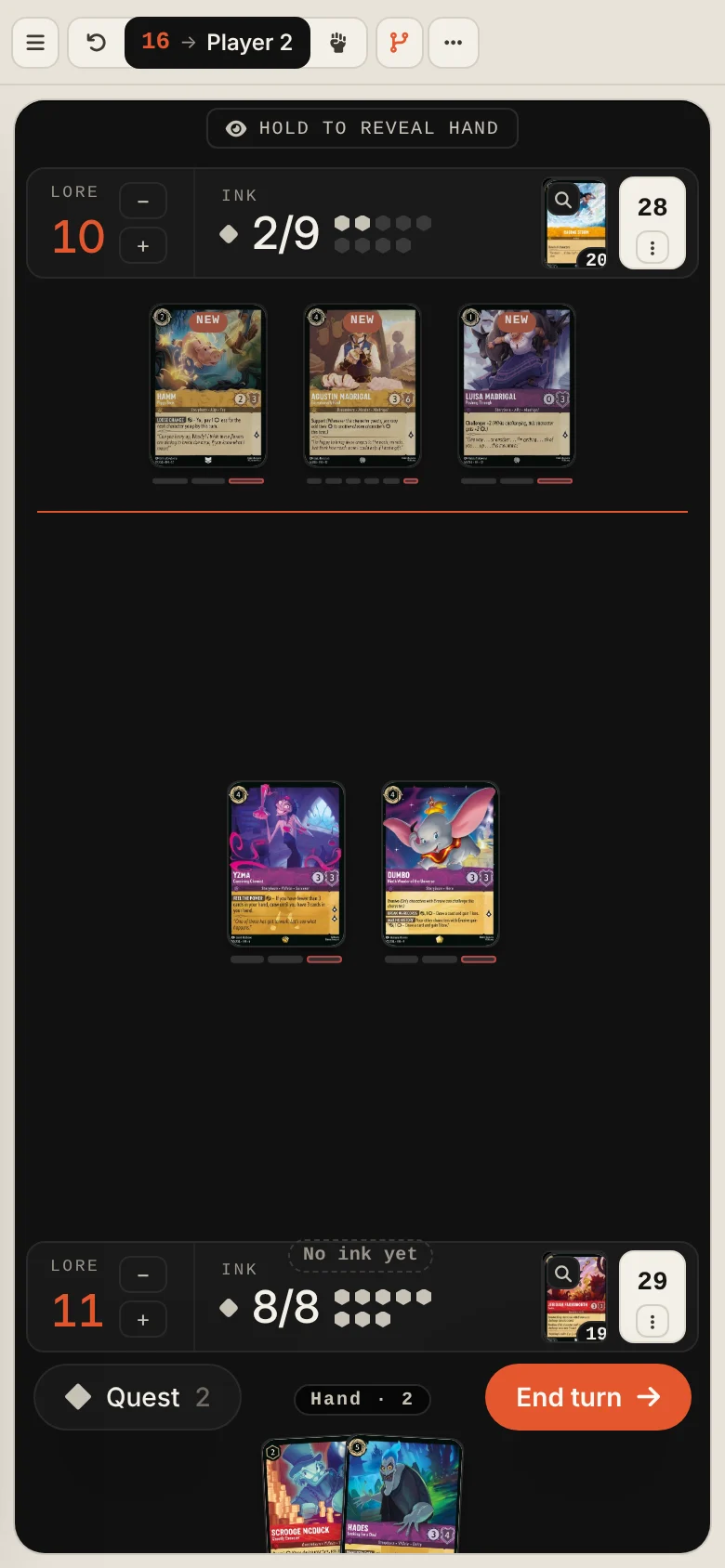 The Practice Dojo on a phone: both halves of the board in the well, each player's lore, ink and deck in one row, and the hand tray with Quest and End turn at the bottom